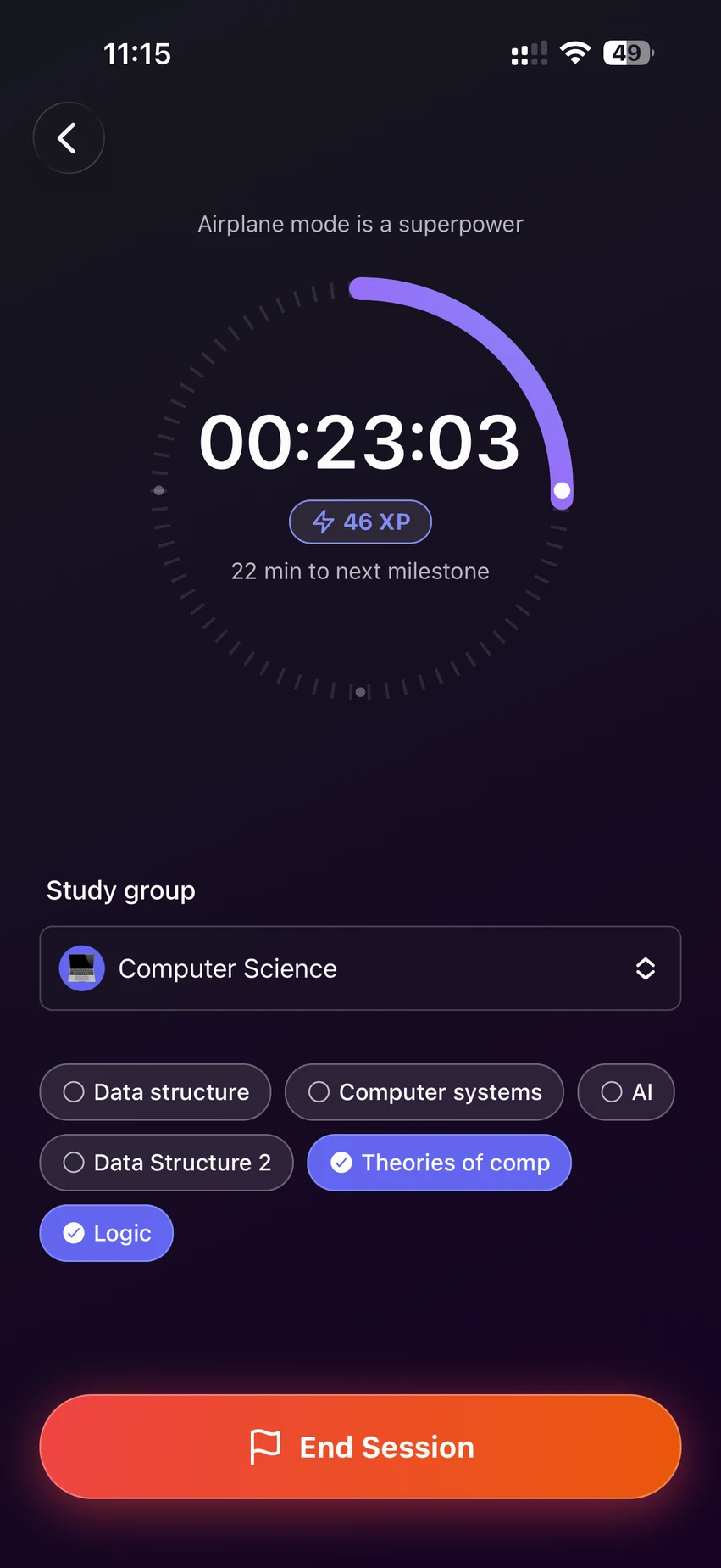 Study session timer with study group and topics