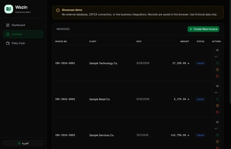 Wazin invoice list with fictional buyers and invoice statuses