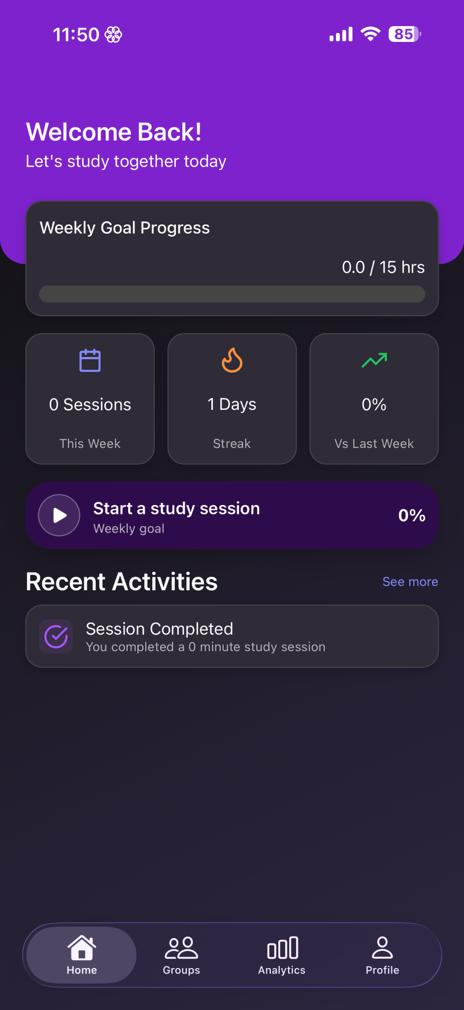 Nuthakr home screen with study goals and recent activity