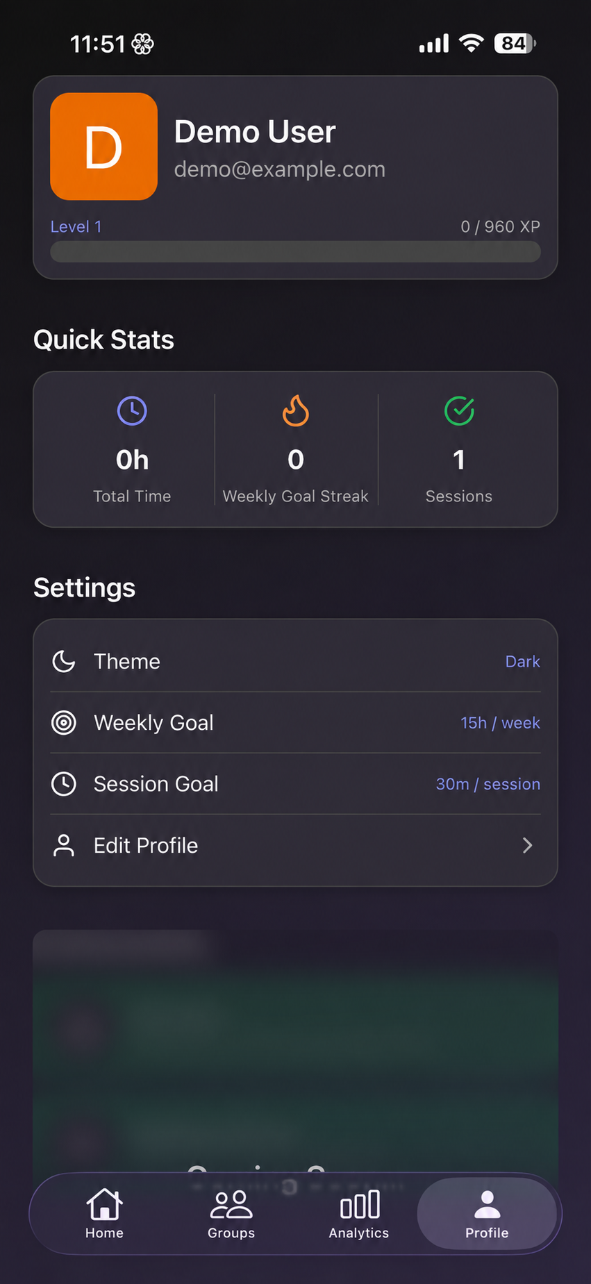 Nuthakr profile with study statistics and settings